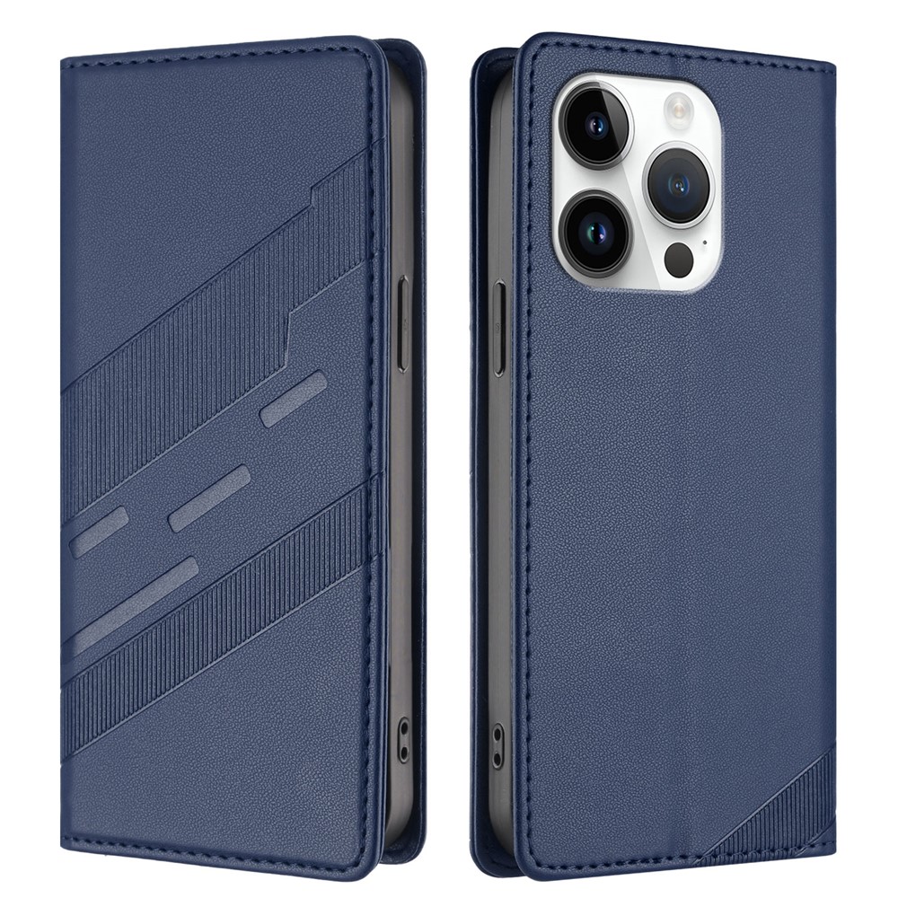 For iPhone 15 Pro Phone Cases Punk Style Imprinted Wallet Stand Leather Cover - Dark Blue