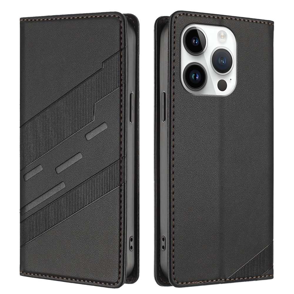 For iPhone 15 Pro Phone Cases Punk Style Imprinted Wallet Stand Leather Cover - Black