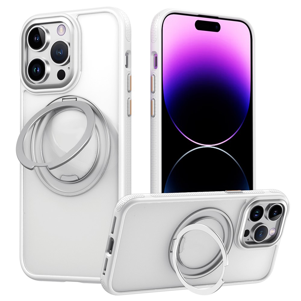 For iPhone 14 Pro Magnetic Case Rotating Gear Pivot Kickstand PC + TPU Phone Back Cover - Matte White