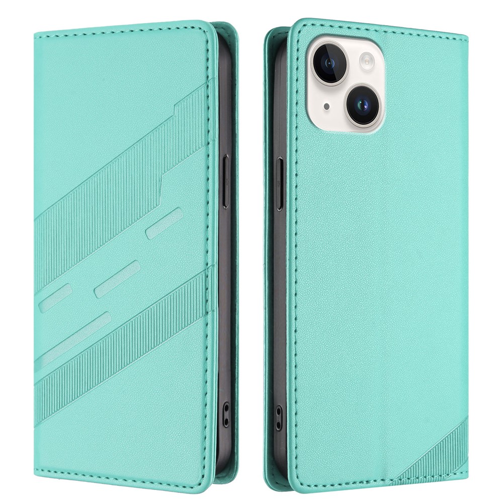 For iPhone 15 Phone Cases Punk Style Imprinted Wallet Stand Leather Cover - Mint Green