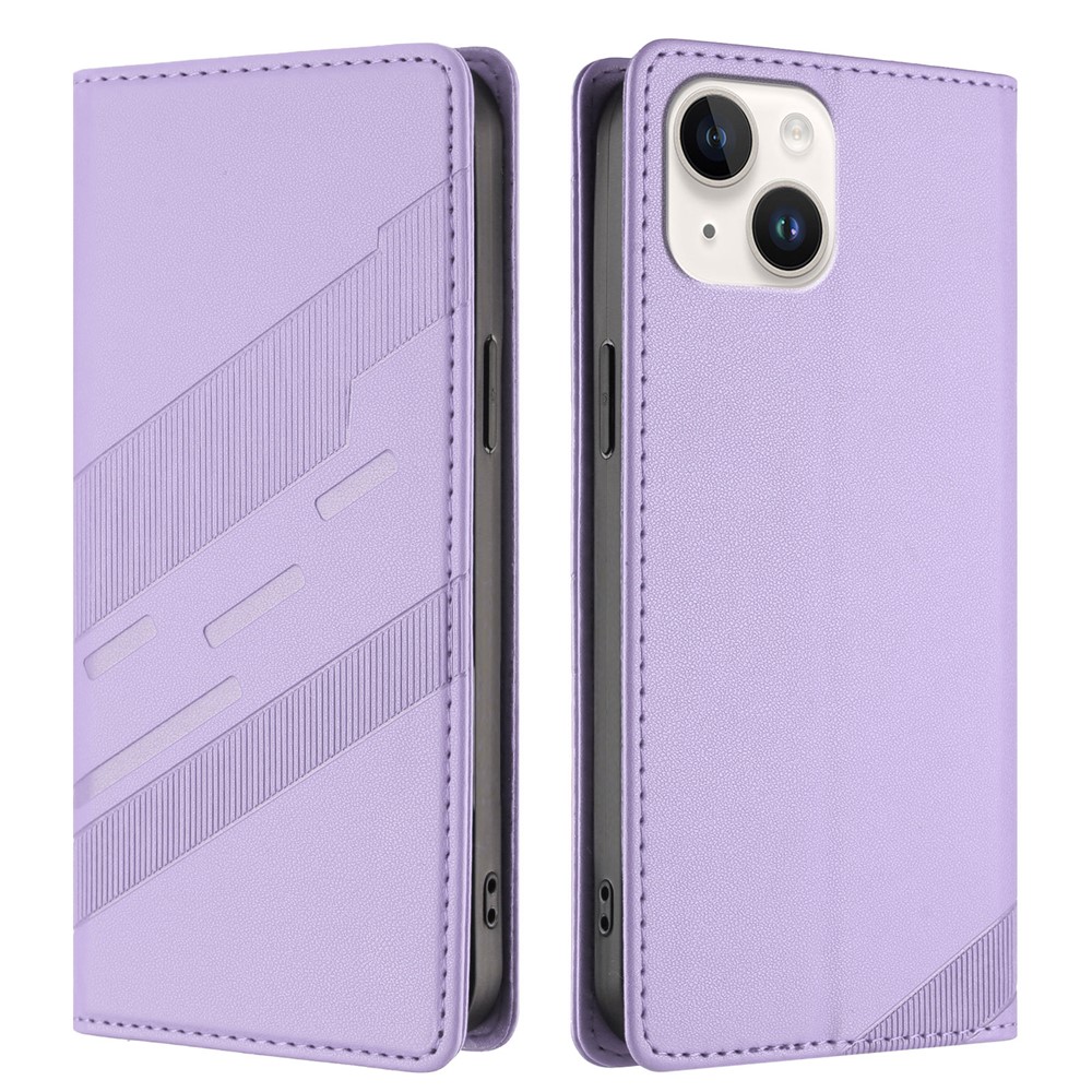 For iPhone 15 Phone Cases Punk Style Imprinted Wallet Stand Leather Cover - Light Purple