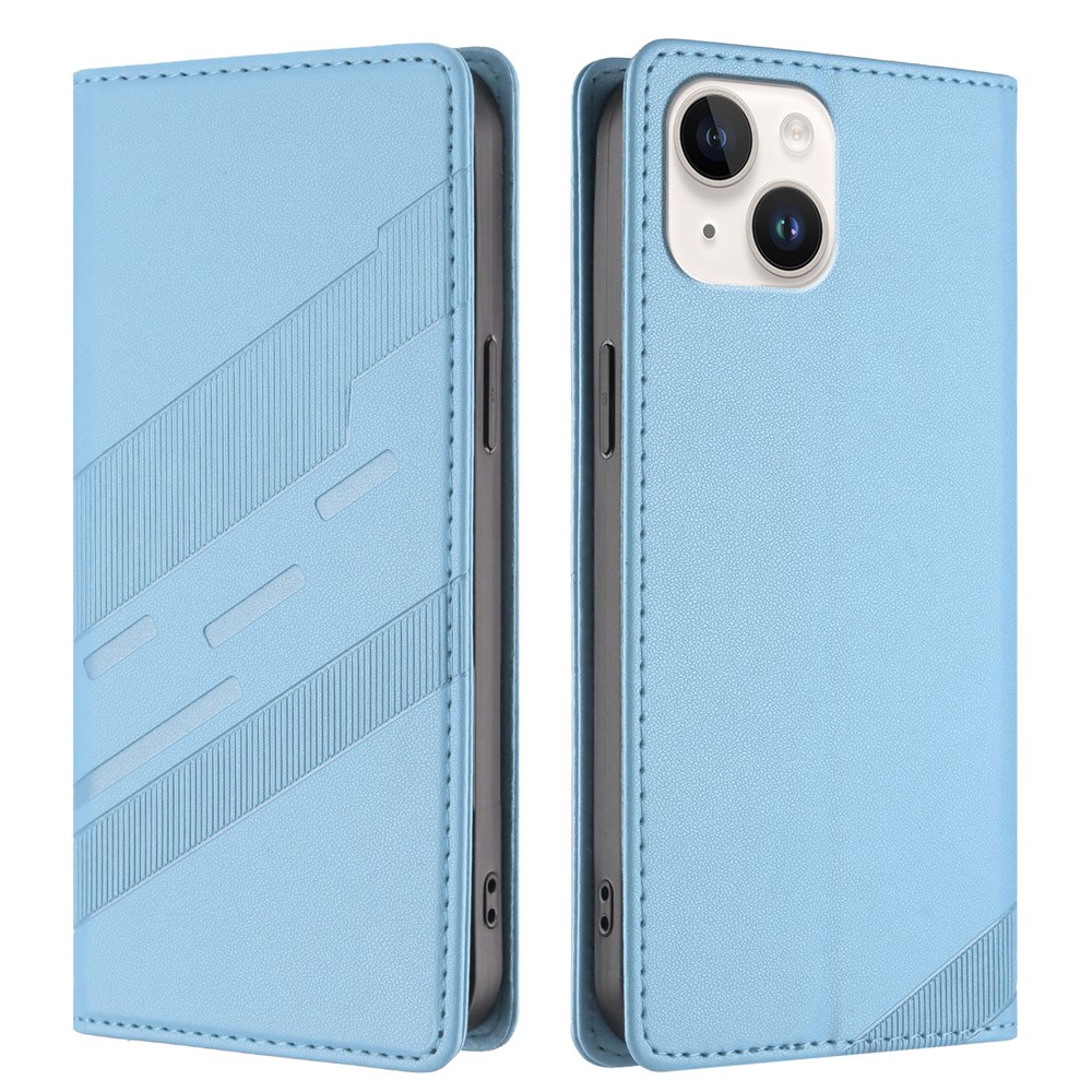 For iPhone 15 Phone Cases Punk Style Imprinted Wallet Stand Leather Cover - Baby Blue