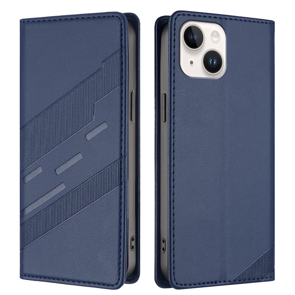 For iPhone 15 Phone Cases Punk Style Imprinted Wallet Stand Leather Cover - Dark Blue