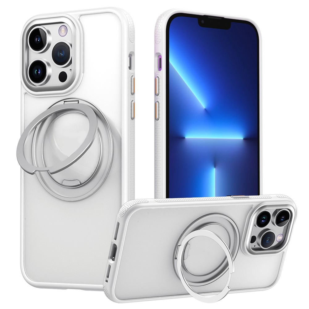 For iPhone 13 Pro Max Magnetic Case Rotating Gear Pivot Kickstand PC + TPU Phone Back Cover - Matte White