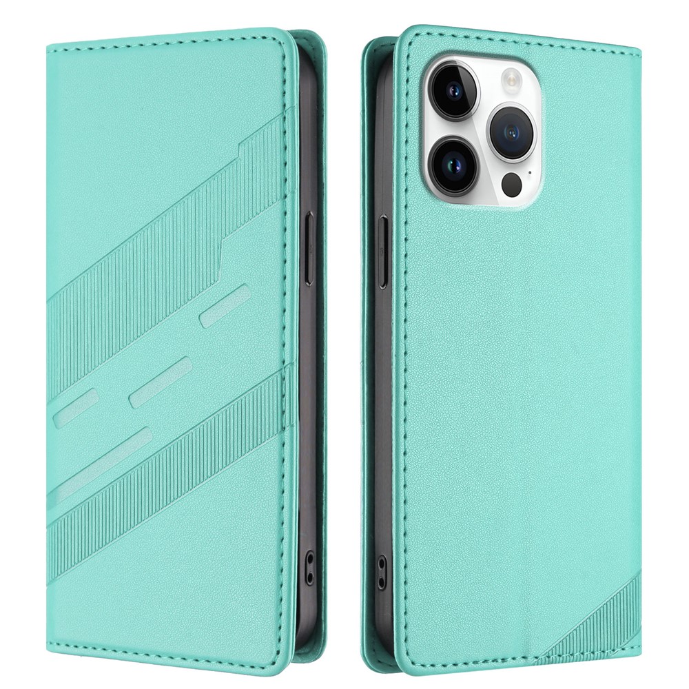 For iPhone 16 Pro Max Phone Cases Punk Style Imprinted Wallet Stand Leather Cover - Mint Green