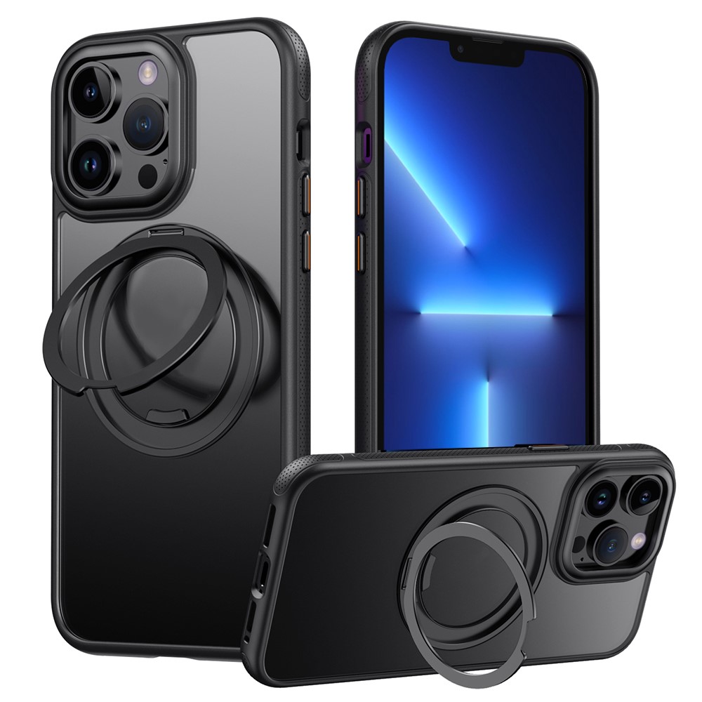 For iPhone 13 Pro Magnetic Case Rotating Gear Pivot Kickstand PC + TPU Phone Back Cover - Matte Black