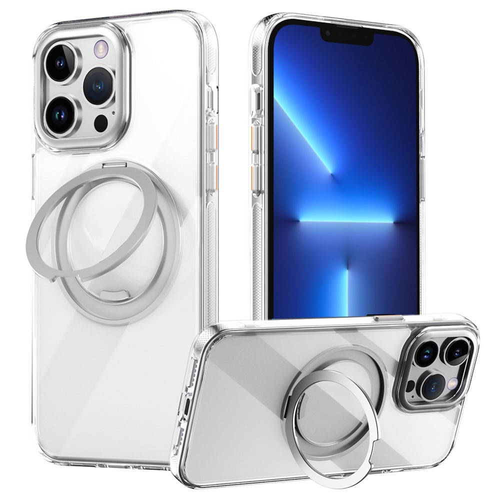 For iPhone 13 Pro Magnetic Case Rotating Gear Pivot Kickstand PC + TPU Phone Back Cover - Transparent