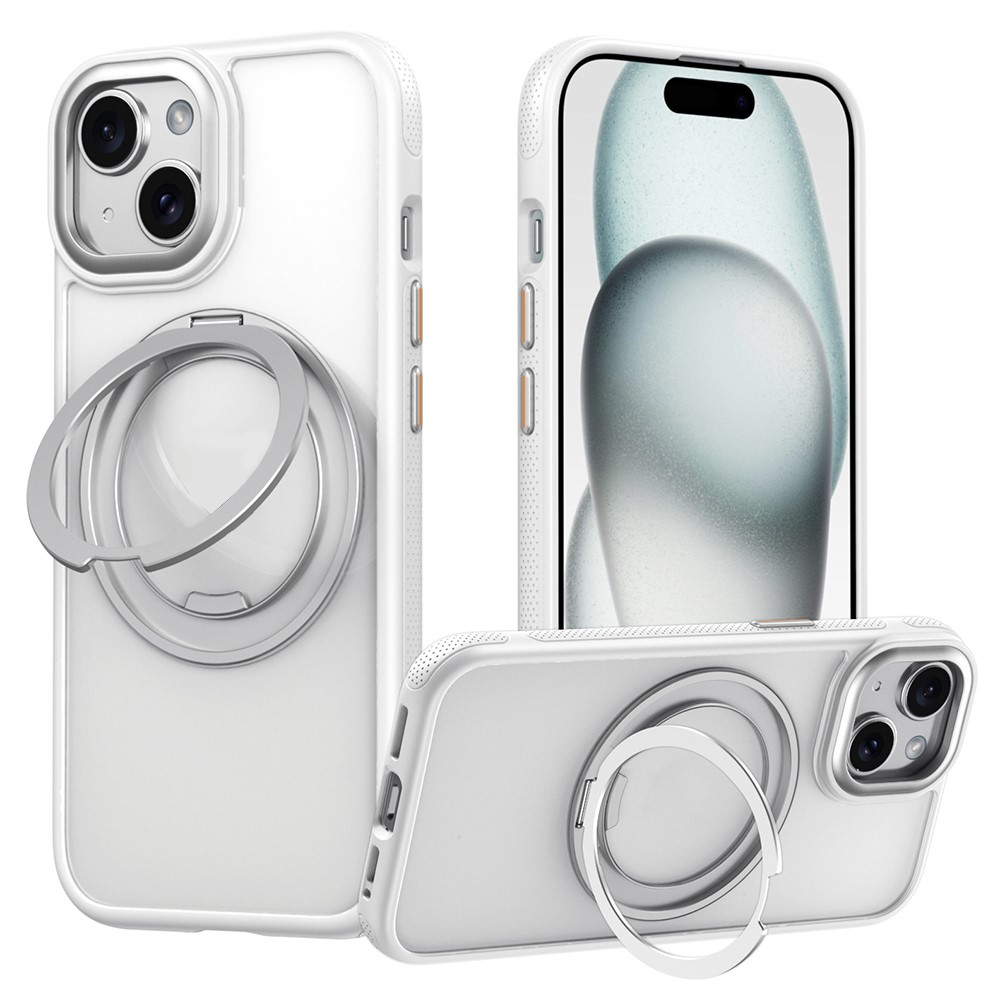 For iPhone 15 Magnetic Case Rotating Gear Pivot Kickstand PC + TPU Phone Back Cover - Matte White