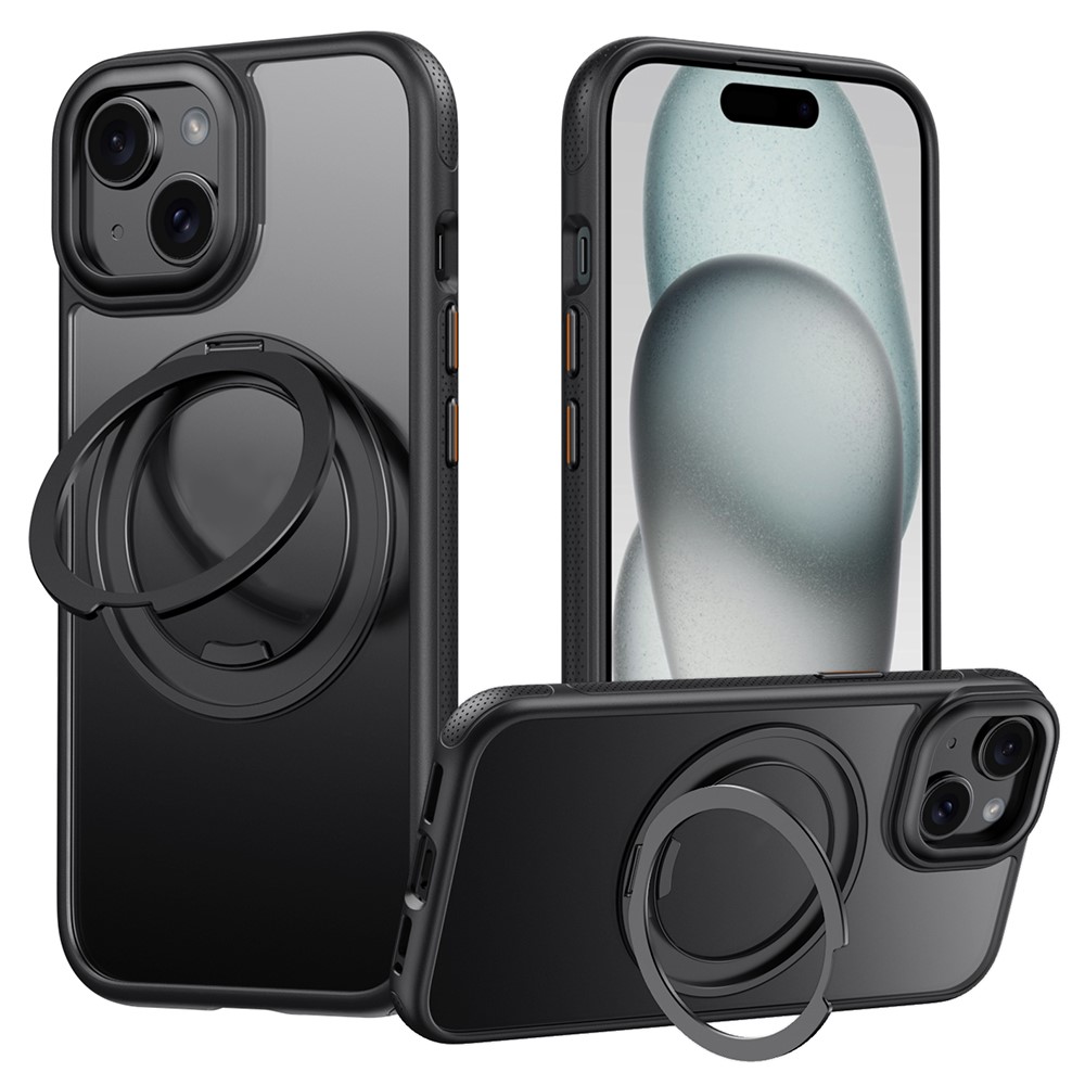 For iPhone 15 Magnetic Case Rotating Gear Pivot Kickstand PC + TPU Phone Back Cover - Matte Black