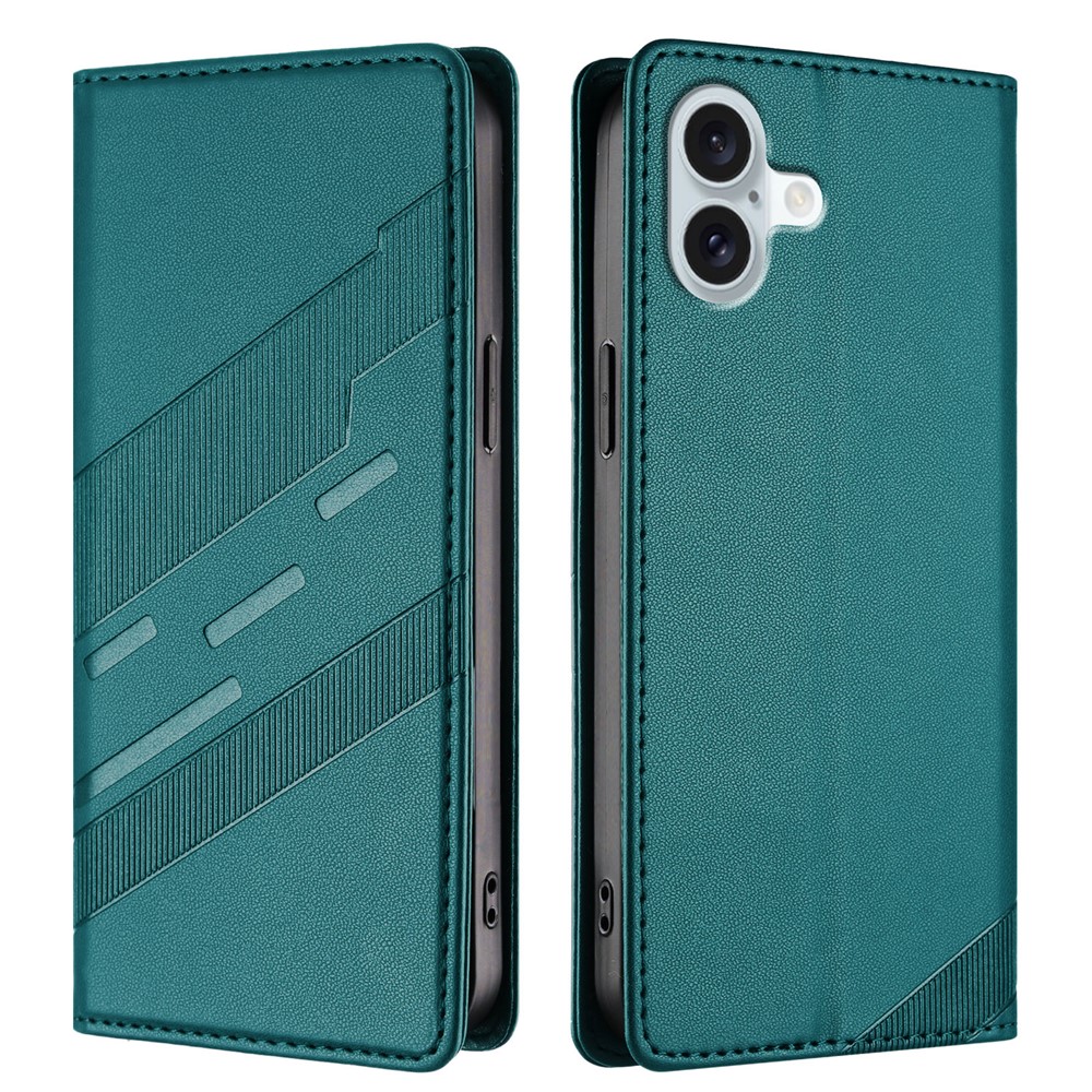 For iPhone 16 Plus Phone Cases Punk Style Imprinted Wallet Stand Leather Cover - Dark Green