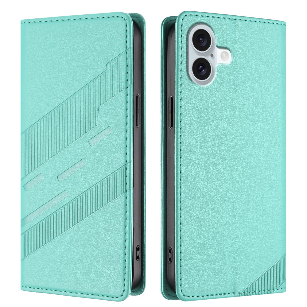 For iPhone 16 Plus Phone Cases Punk Style Imprinted Wallet Stand Leather Cover - Mint Green