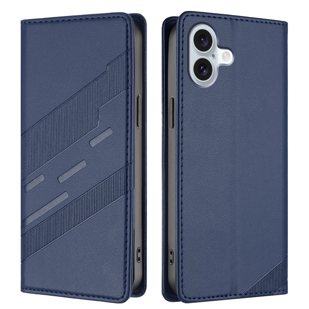 For iPhone 16 Plus Phone Cases Punk Style Imprinted Wallet Stand Leather Cover - Dark Blue