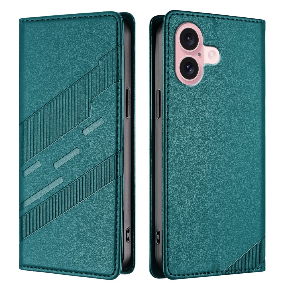 For iPhone 16 Phone Cases Punk Style Imprinted Wallet Stand Leather Cover - Dark Green