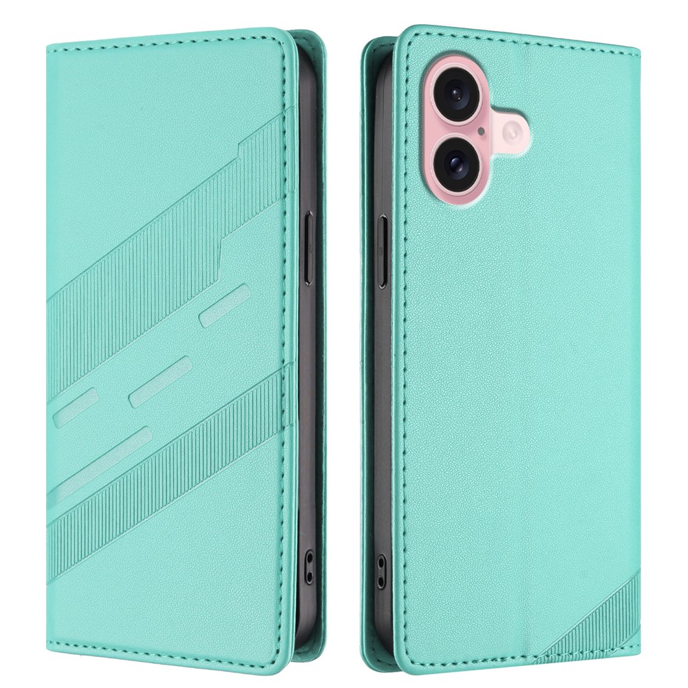 For iPhone 16 Phone Cases Punk Style Imprinted Wallet Stand Leather Cover - Mint Green