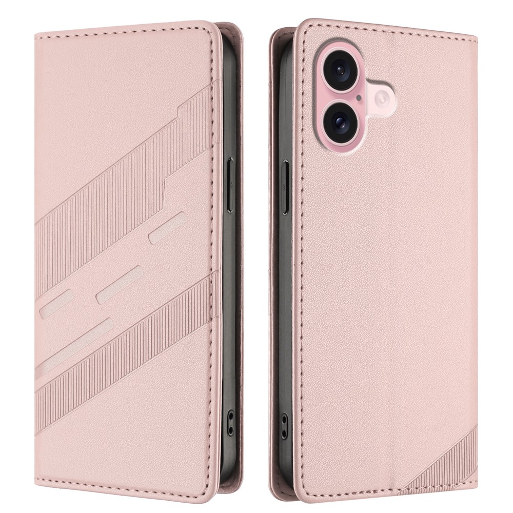 For iPhone 16 Phone Cases Punk Style Imprinted Wallet Stand Leather Cover - Pink