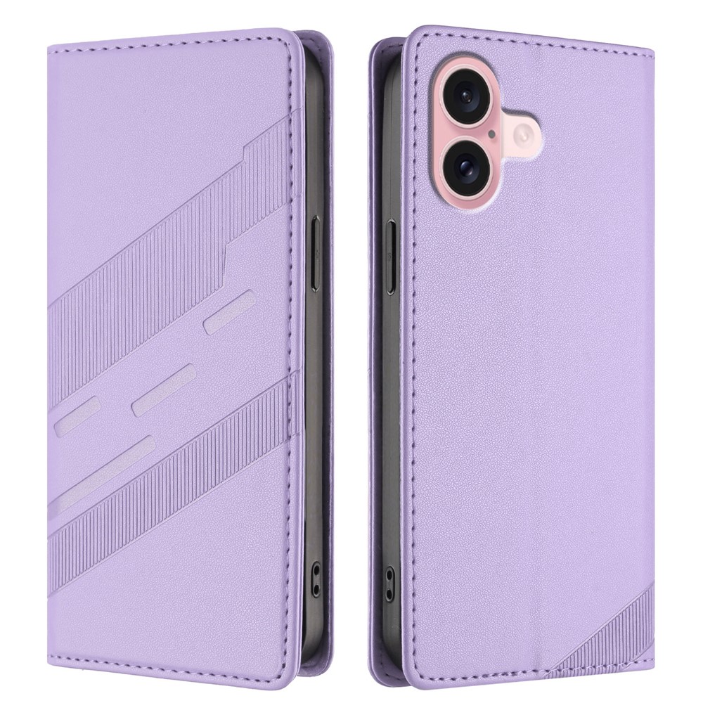 For iPhone 16 Phone Cases Punk Style Imprinted Wallet Stand Leather Cover - Light Purple