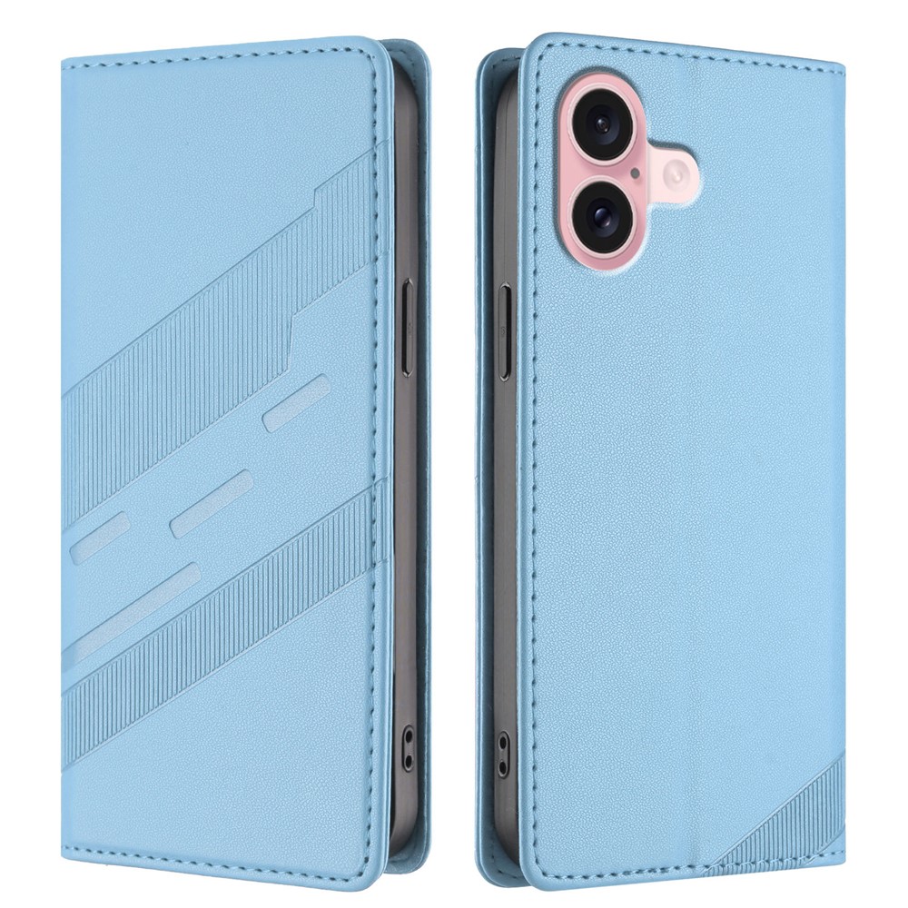 For iPhone 16 Phone Cases Punk Style Imprinted Wallet Stand Leather Cover - Baby Blue