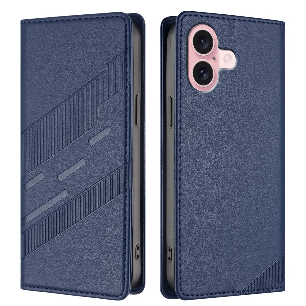 For iPhone 16 Phone Cases Punk Style Imprinted Wallet Stand Leather Cover - Dark Blue