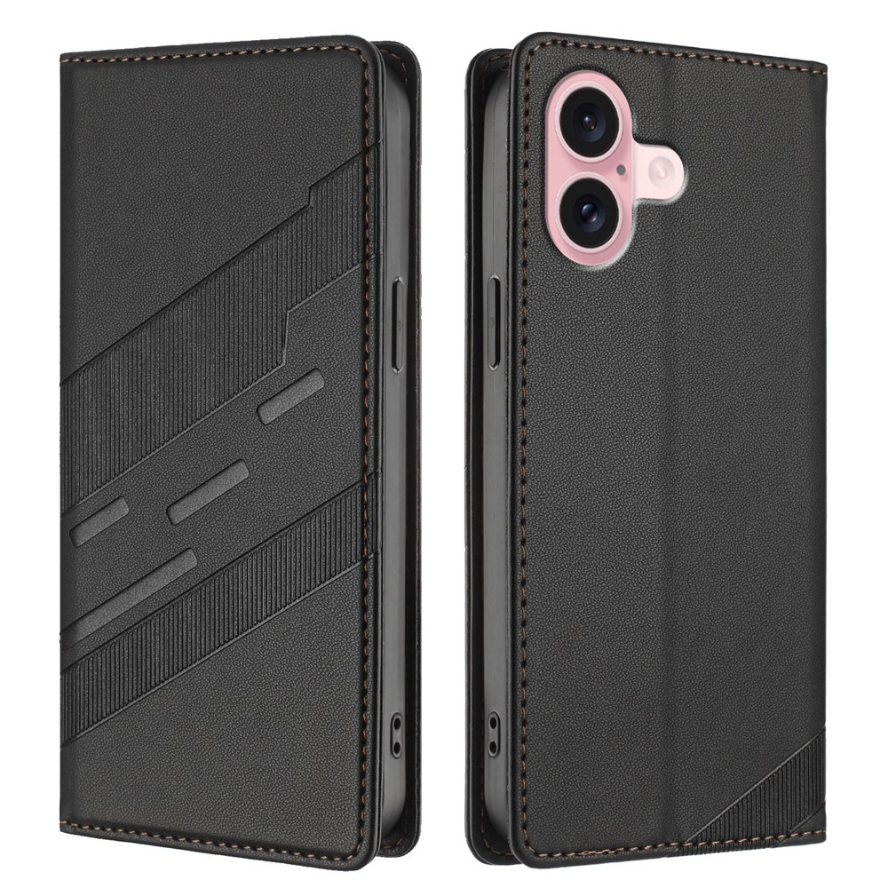 For iPhone 16 Phone Cases Punk Style Imprinted Wallet Stand Leather Cover - Black