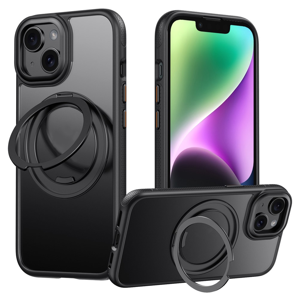 For iPhone 14  /  13 Magnetic Case Rotating Gear Pivot Kickstand PC + TPU Phone Back Cover - Matte Black