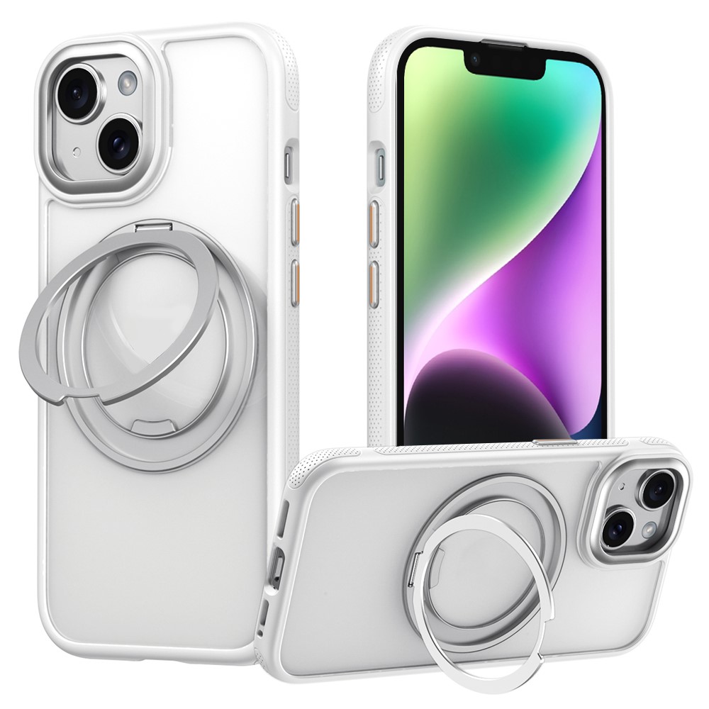 For iPhone 14  /  13 Magnetic Case Rotating Gear Pivot Kickstand PC + TPU Phone Back Cover - Matte White
