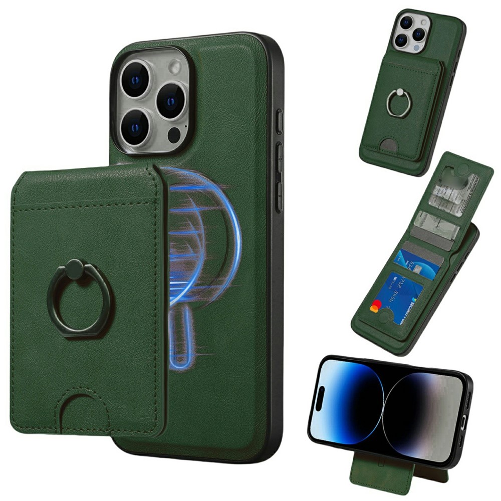 For iPhone 15 Pro Magnetic Case PC + PU Phone Back Cover with Detachable Card Holder - Green