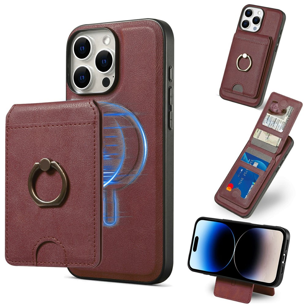 For iPhone 14 Pro Max Magnetic Case PC + PU Phone Back Cover with Detachable Card Holder - Red