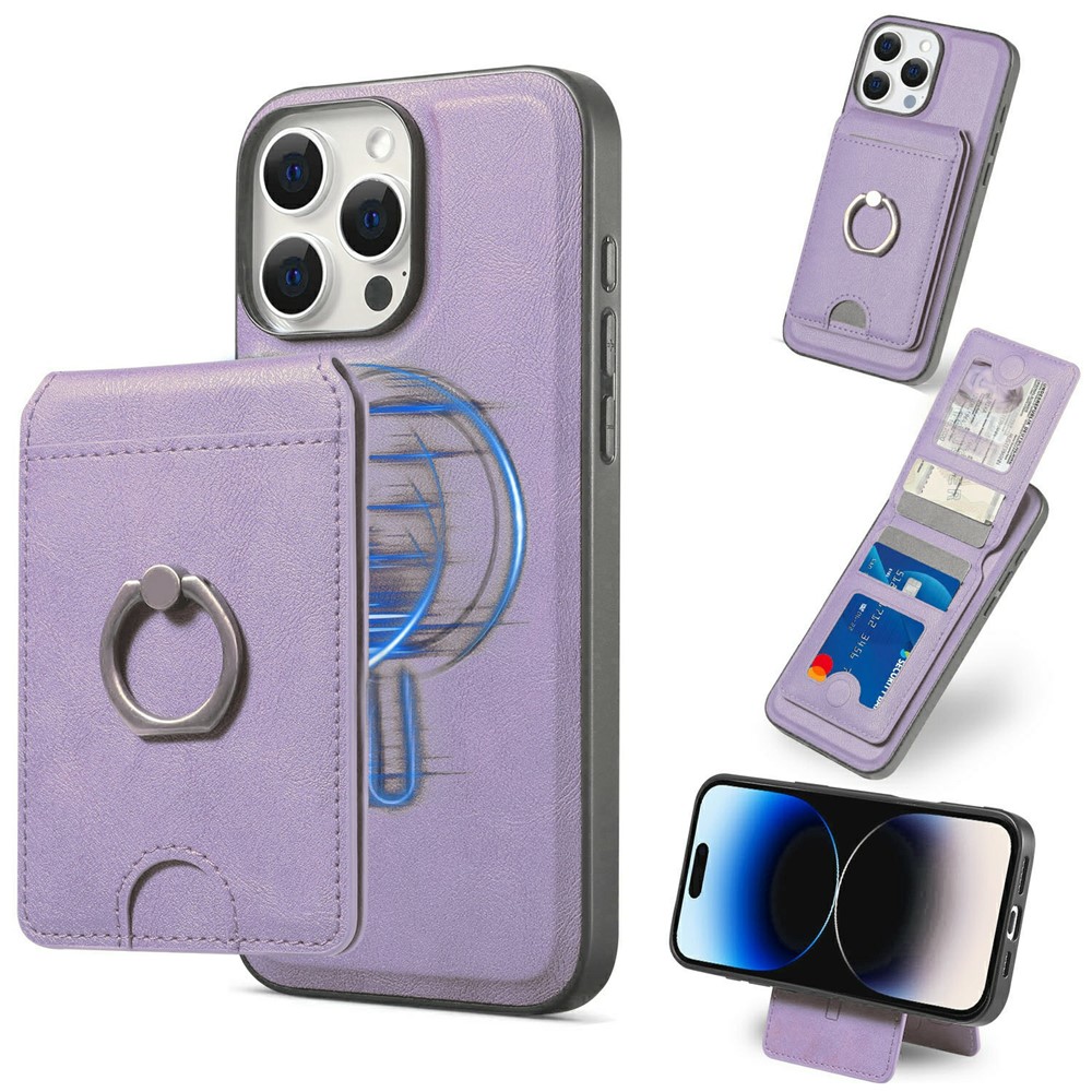 For iPhone 14 Pro Max Magnetic Case PC + PU Phone Back Cover with Detachable Card Holder - Purple