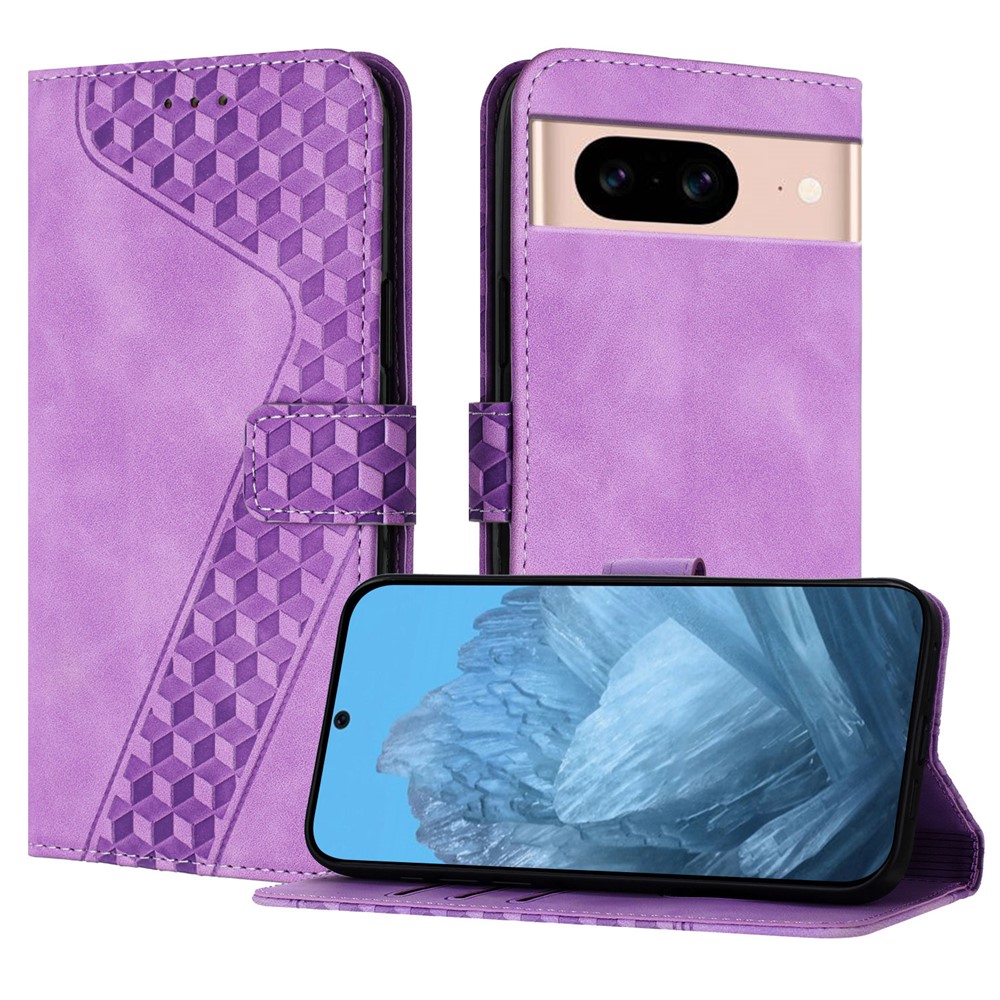 For Google Pixel 8a Leather Case 7-Shaped Pattern Wallet Stand Shockproof Phone Cover - Purple