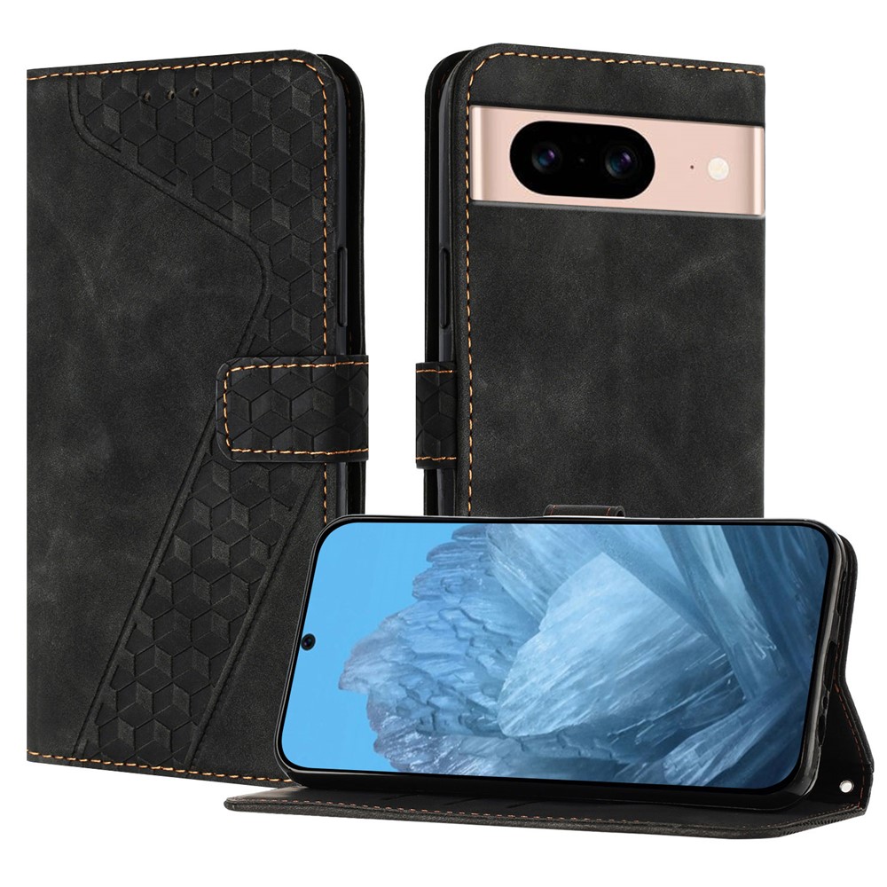 For Google Pixel 8a Leather Case 7-Shaped Pattern Wallet Stand Shockproof Phone Cover - Black