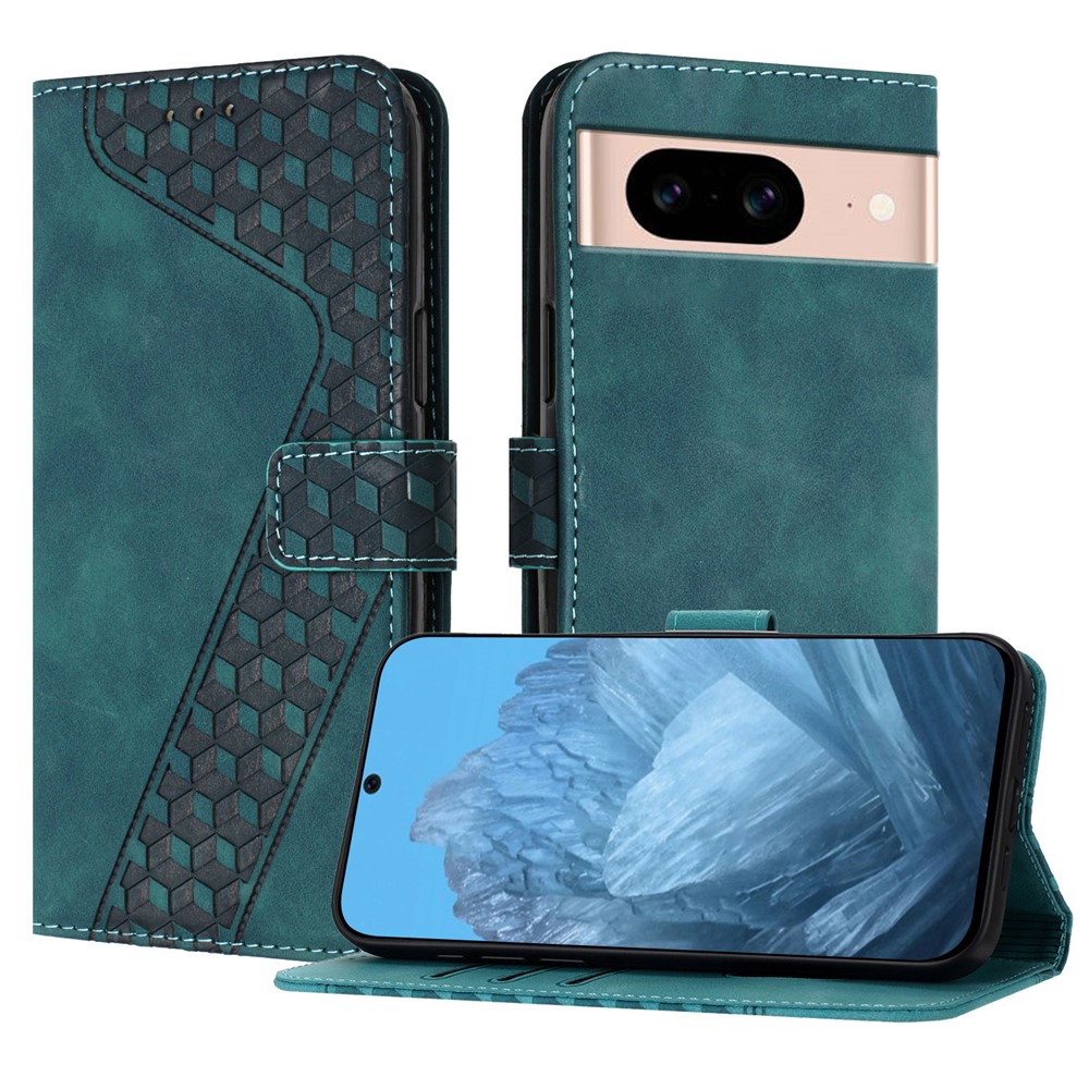 For Google Pixel 8a Leather Case 7-Shaped Pattern Wallet Stand Shockproof Phone Cover - Green