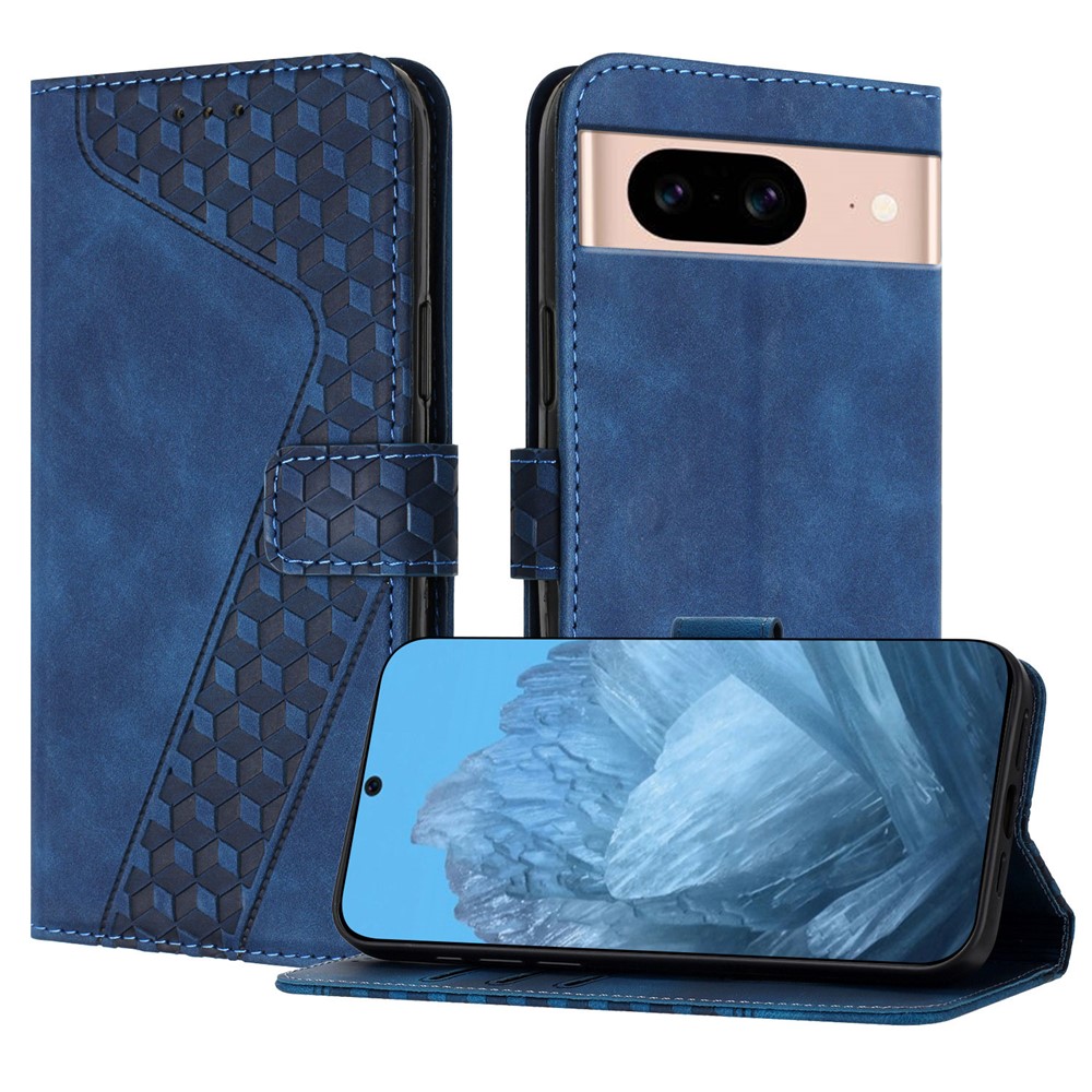 For Google Pixel 8a Leather Case 7-Shaped Pattern Wallet Stand Shockproof Phone Cover - Blue