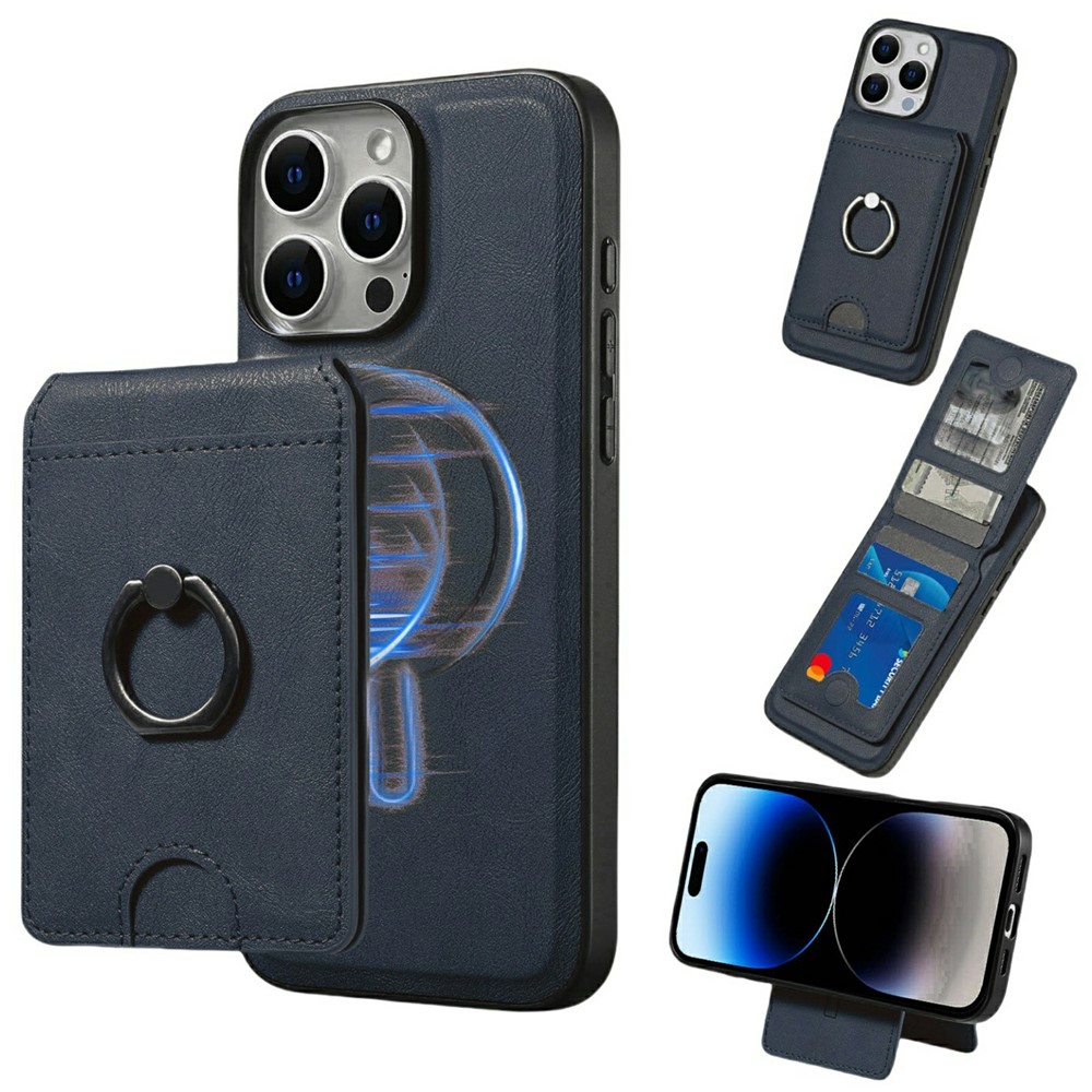 For iPhone 14 Pro Magnetic Case PC + PU Phone Back Cover with Detachable Card Holder - Blue