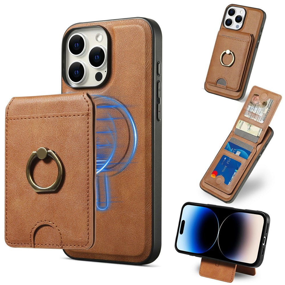 For iPhone 14 Pro Magnetic Case PC + PU Phone Back Cover with Detachable Card Holder - Brown