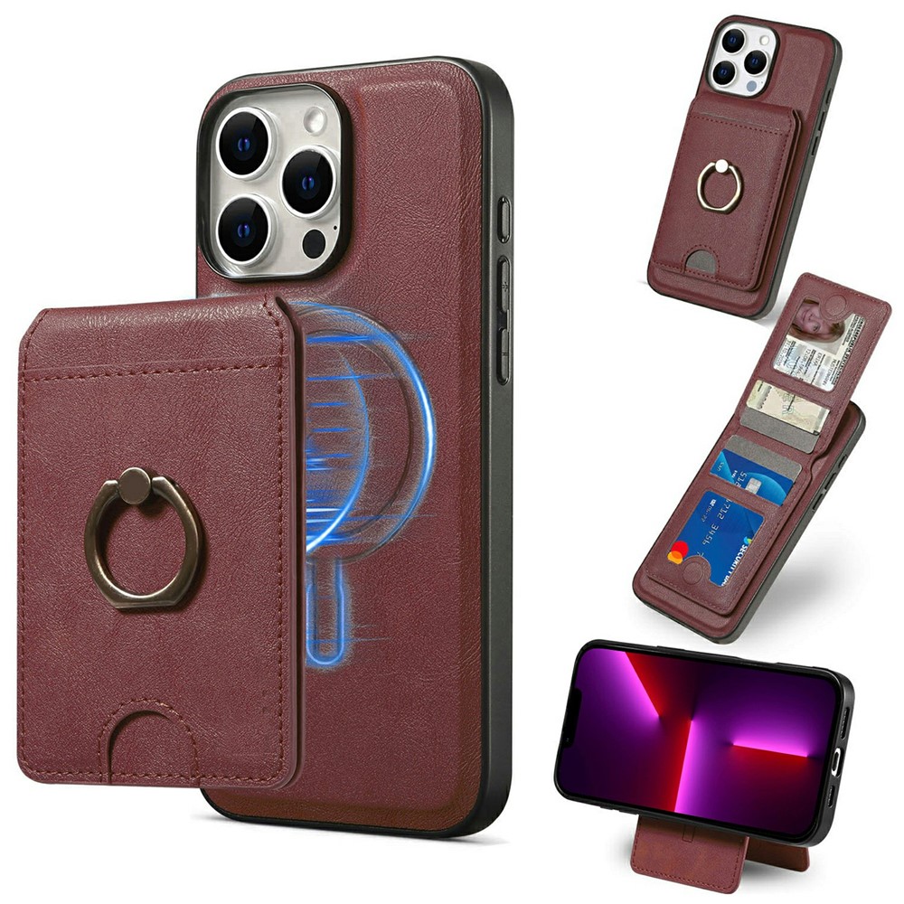 For iPhone 13 Pro Max Magnetic Case PC + PU Phone Back Cover with Detachable Card Holder - Red