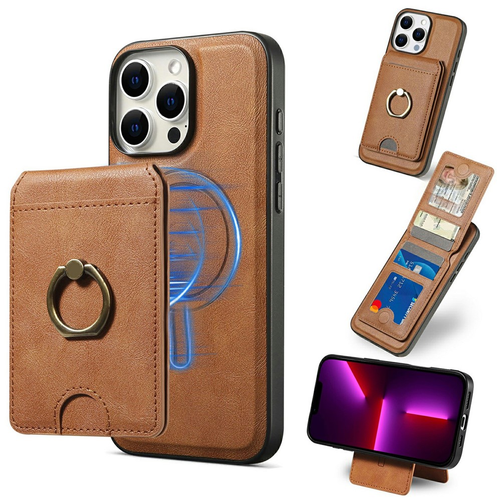 For iPhone 13 Pro Max Magnetic Case PC + PU Phone Back Cover with Detachable Card Holder - Brown