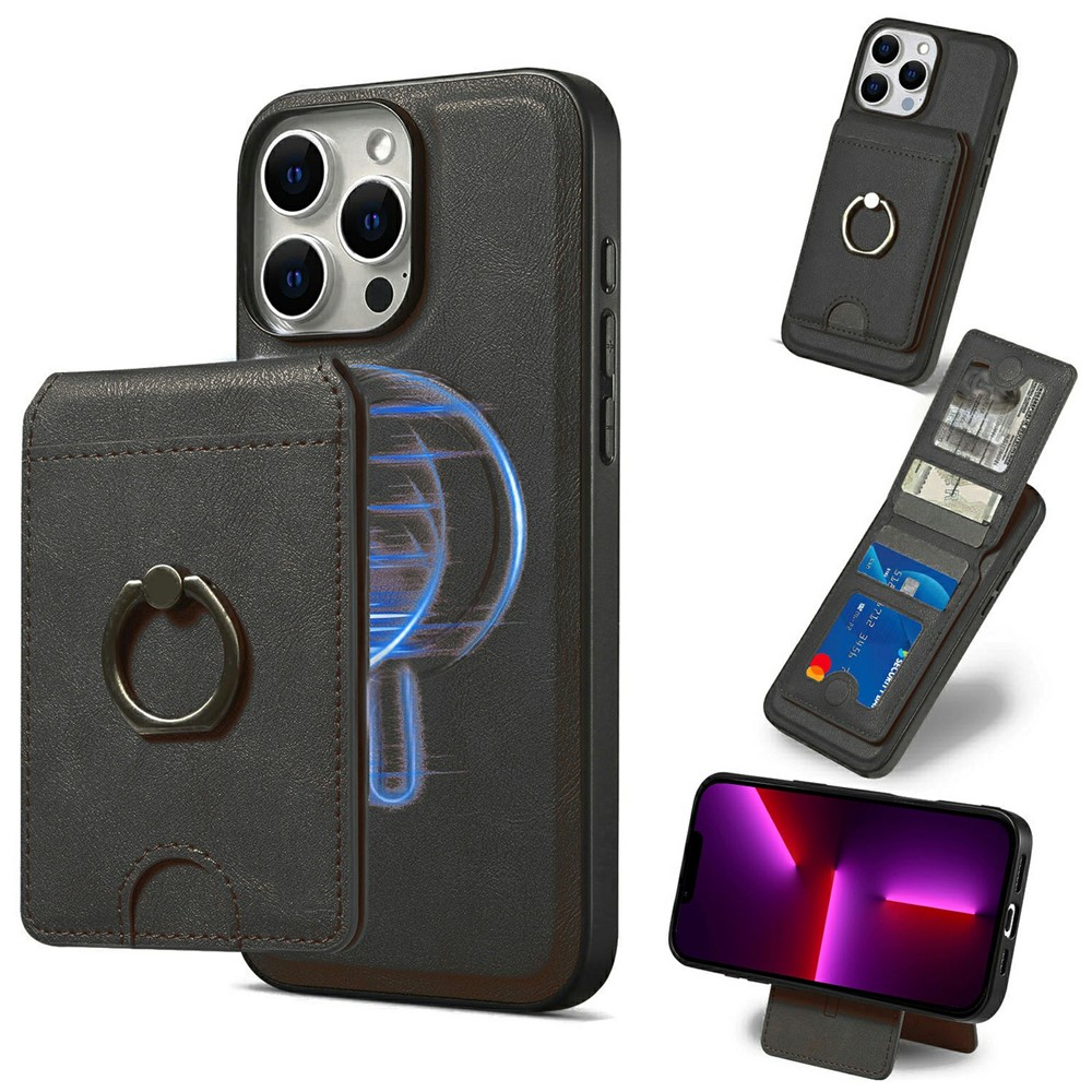 For iPhone 13 Pro Magnetic Case PC + PU Phone Back Cover with Detachable Card Holder - Black