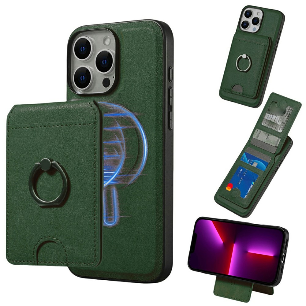 For iPhone 13 Pro Magnetic Case PC + PU Phone Back Cover with Detachable Card Holder - Green