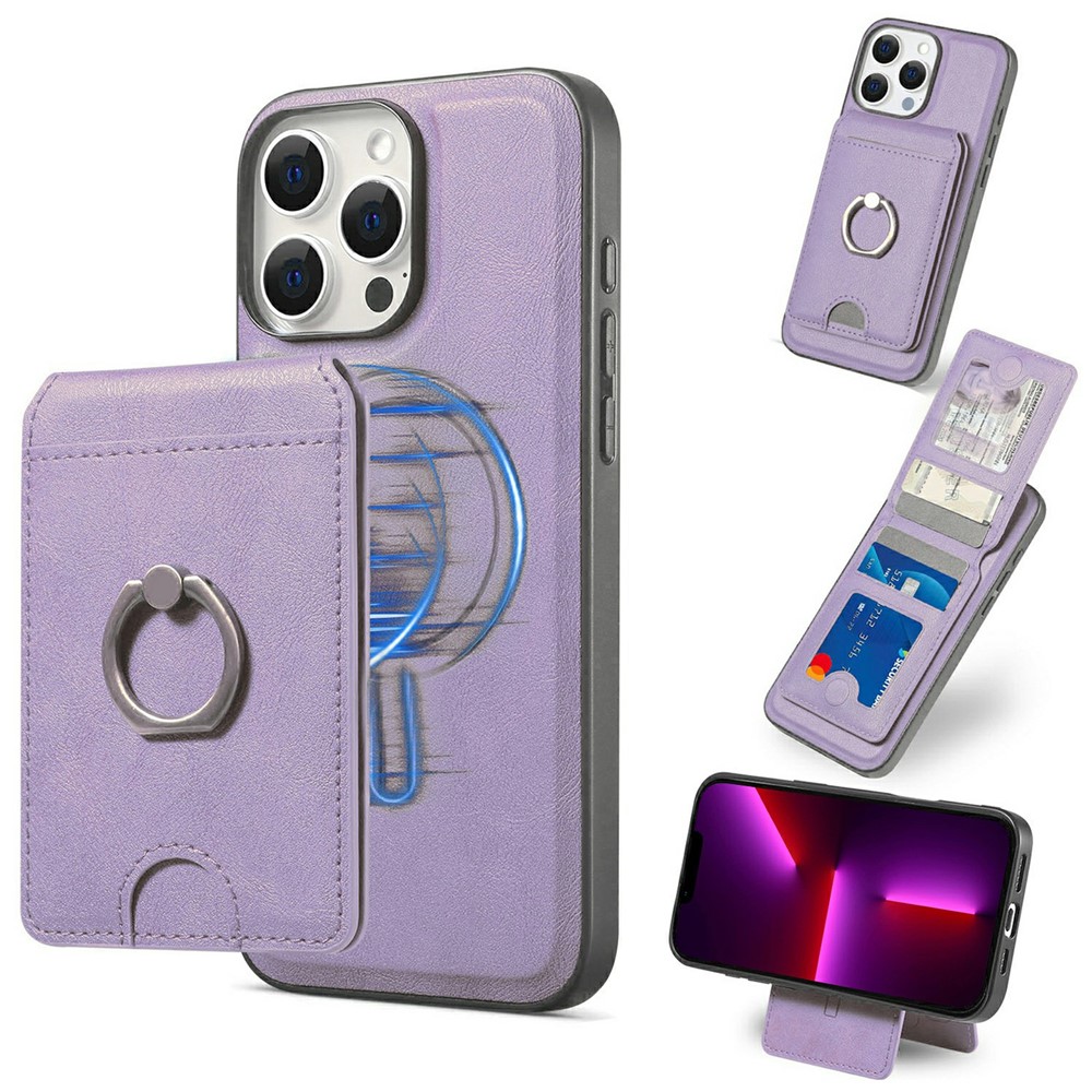 For iPhone 13 Pro Magnetic Case PC + PU Phone Back Cover with Detachable Card Holder - Purple