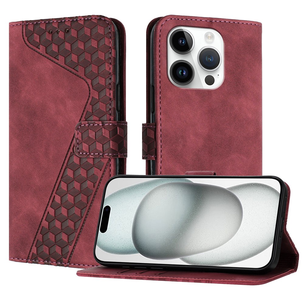 For iPhone 15 Pro Leather Case 7-Shaped Pattern Wallet Stand Shockproof Phone Cover - Brown