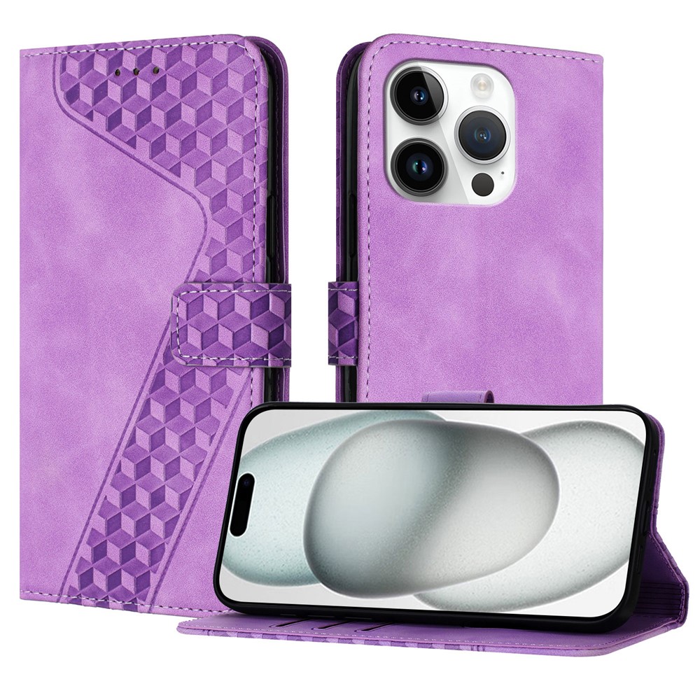 For iPhone 15 Pro Leather Case 7-Shaped Pattern Wallet Stand Shockproof Phone Cover - Purple