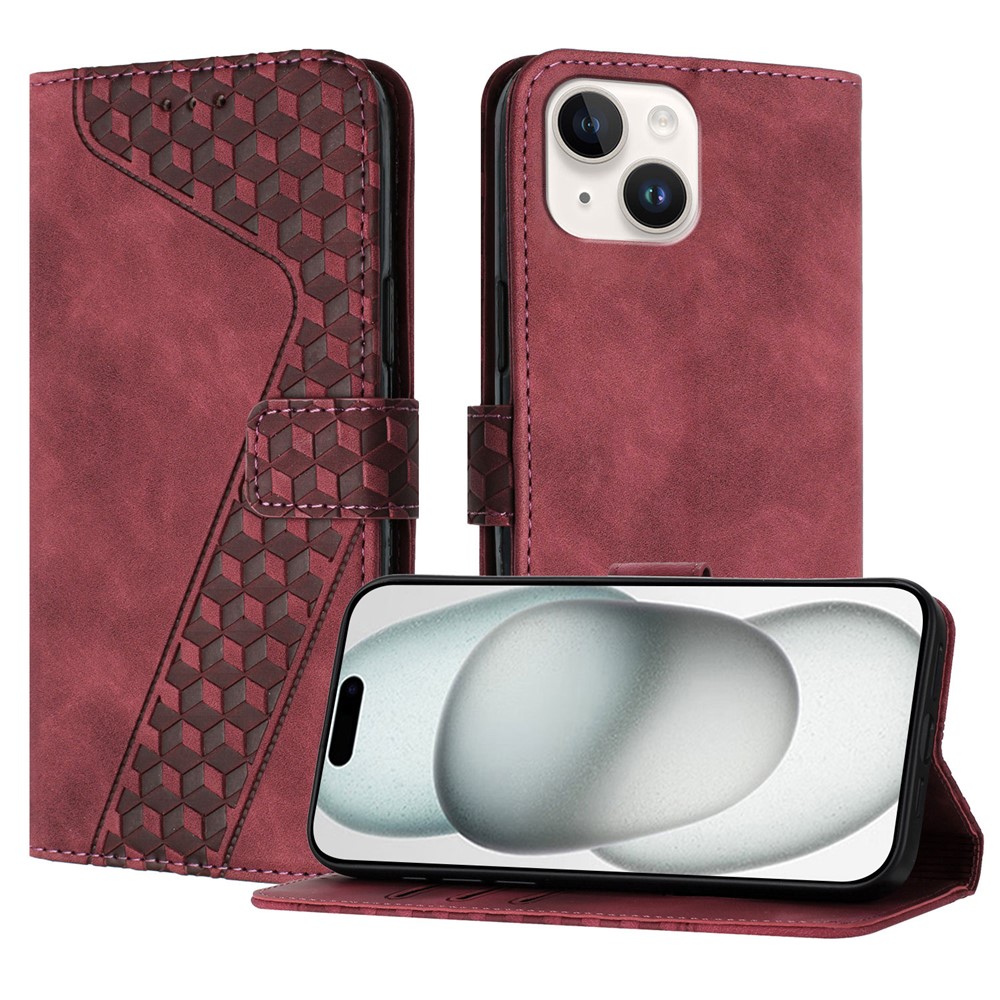 For iPhone 15 Leather Case 7-Shaped Pattern Wallet Stand Shockproof Phone Cover - Brown