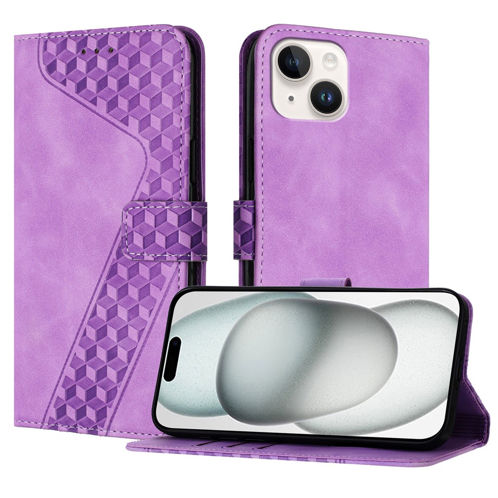 For iPhone 15 Leather Case 7-Shaped Pattern Wallet Stand Shockproof Phone Cover - Purple