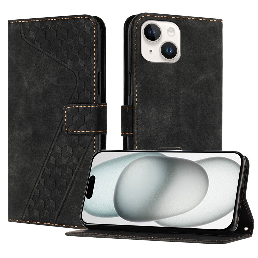 For iPhone 15 Leather Case 7-Shaped Pattern Wallet Stand Shockproof Phone Cover - Black