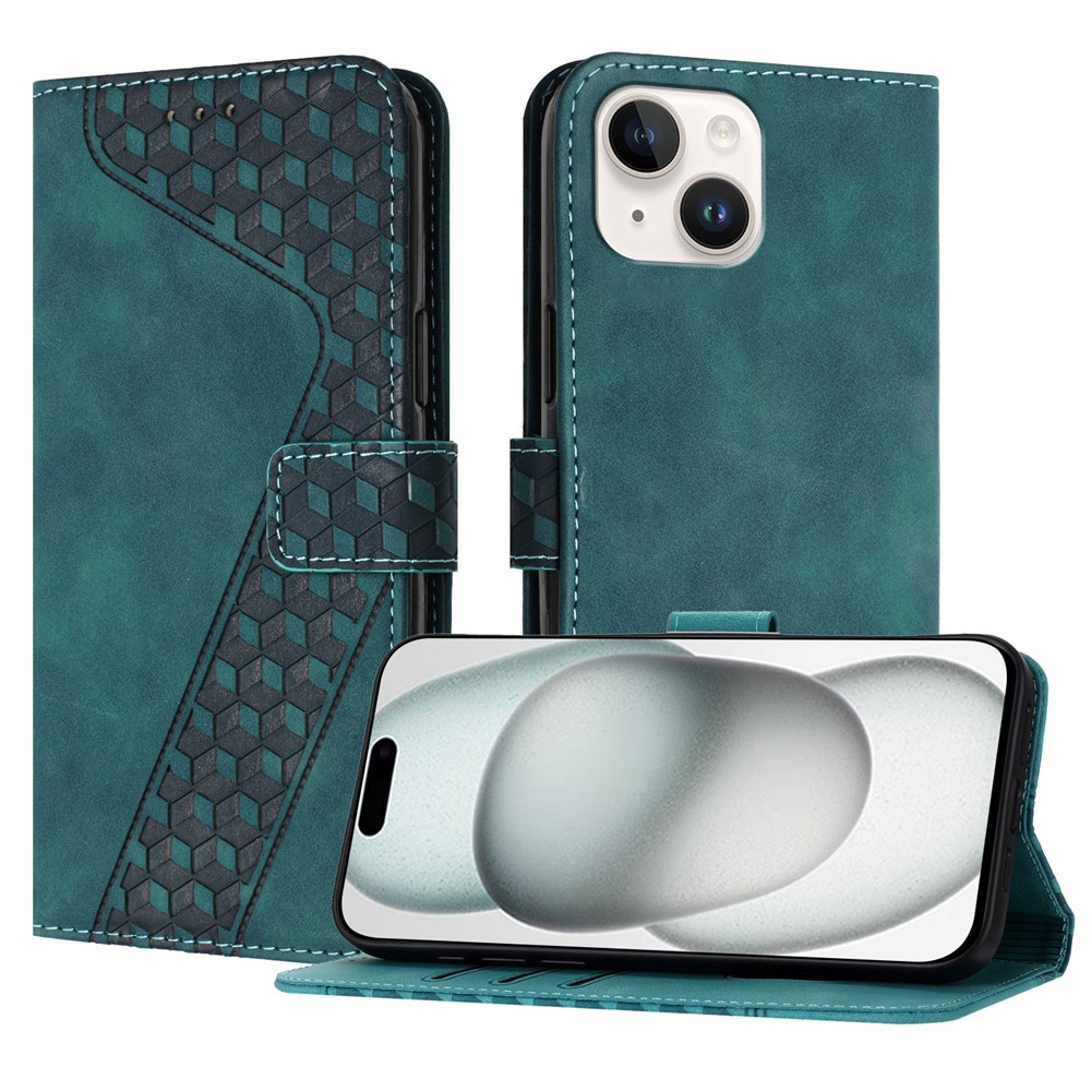 For iPhone 15 Leather Case 7-Shaped Pattern Wallet Stand Shockproof Phone Cover - Green