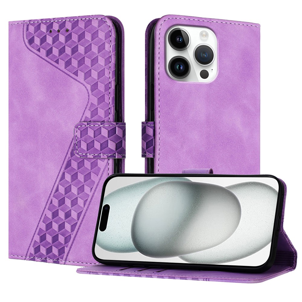 For iPhone 16 Pro Max Leather Case 7-Shaped Pattern Wallet Stand Shockproof Phone Cover - Purple