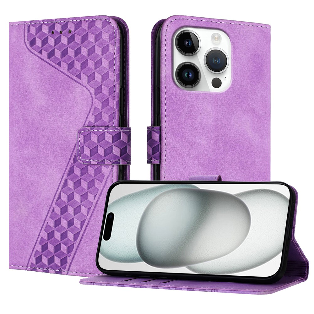 For iPhone 16 Pro Leather Case 7-Shaped Pattern Wallet Stand Shockproof Phone Cover - Purple