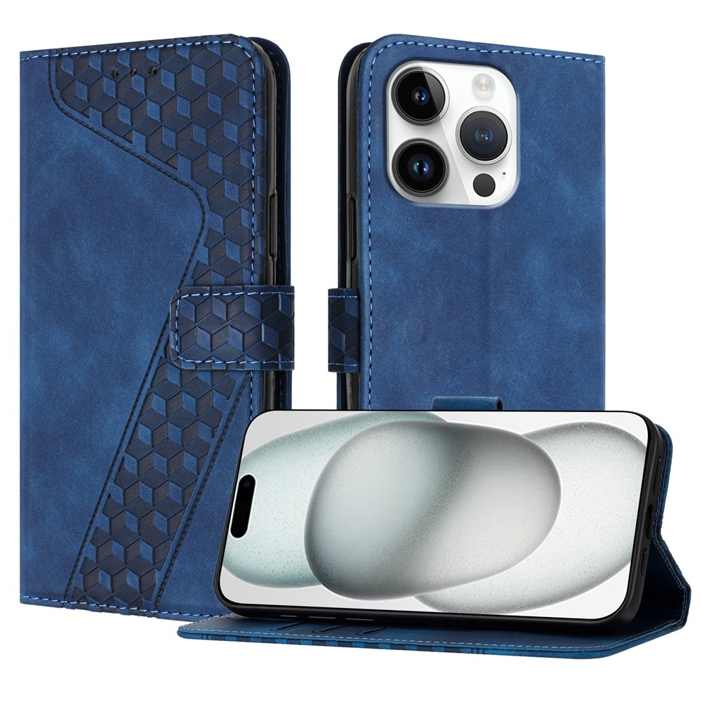 For iPhone 16 Pro Leather Case 7-Shaped Pattern Wallet Stand Shockproof Phone Cover - Blue