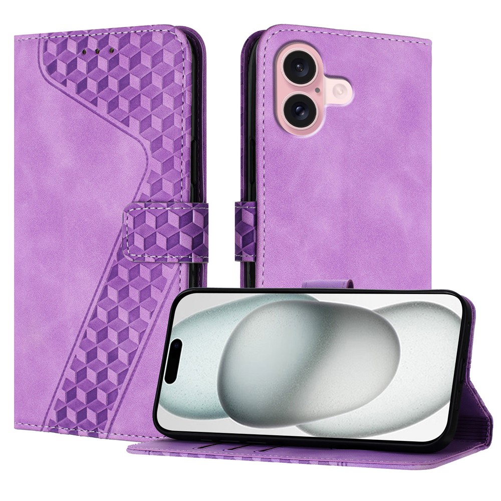 For iPhone 16 Leather Case 7-Shaped Pattern Wallet Stand Shockproof Phone Cover - Purple