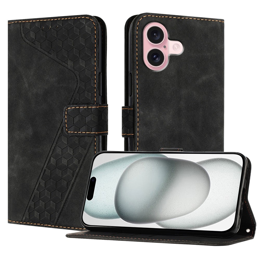For iPhone 16 Leather Case 7-Shaped Pattern Wallet Stand Shockproof Phone Cover - Black